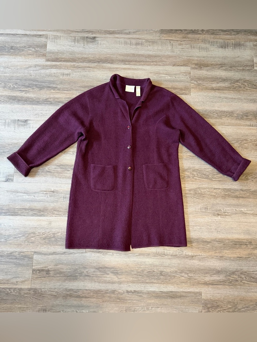Vintage First Issue Liz Claiborne 100% Wool Purple Long Cardigan Women’s Large